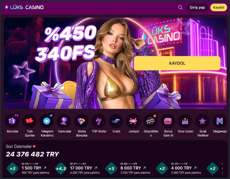 Son ödemeler listesi %450 340FS bannerının altında Son Ödemeler listesi uzanıyor; içinde 17 000 TRY tutarı ve 4 000 TRY'lik bir para yatırma kartı seçiliyor.