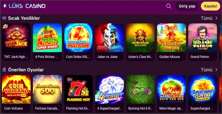 Slot lobisi Slot lobisinde Sıcak Yenilikler ve Önerilen Oyunlar başlıkları altında oyun küçük resimleri iki sıra halinde diziliyor.