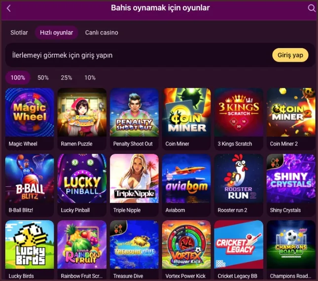 Hızlı oyunlar sekmesi Hızlı oyunlar sekmesi açık; Magic Wheel, Penalty Shoot Out, Aviabom ve Coin Miner kapakları, ilerleme için giriş yapılması gerektiğini söyleyen uyarının altında diziliyor.