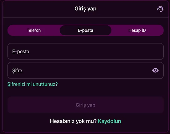 E-posta giriş formu Yakın çekim giriş formunda E-posta sekmesi seçili, Şifre alanı dolduruluyor; soluk Giriş yap düğmesi ve Hesabınız yok mu? Kaydolun satırı altta.
