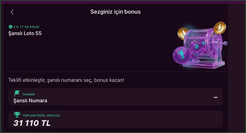 Sağda çekiliş tamburu çizimi bulunan teklif şeridinde Teklifi etkinleştir, şanslı numaranı seç, bonus kazan! metni okunuyor.
