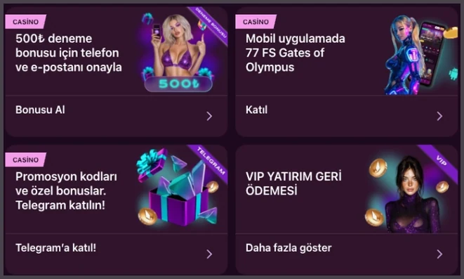 Dört promosyon kartı yan yana: 500₺ deneme bonusu, mobil uygulamada Gates of Olympus için 77 FS, Telegram promosyon kodları ve VIP yatırım geri ödemesi.