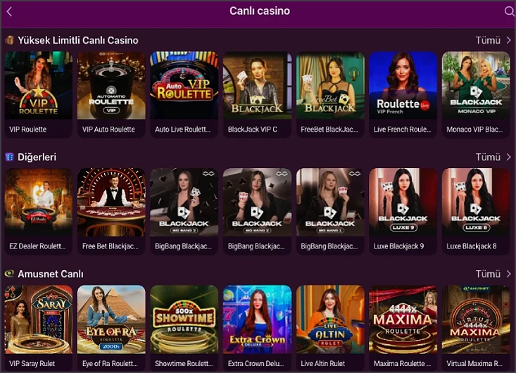 Canlı casino masaları Canlı casino sayfasında Yüksek Limitli bölümde VIP Roulette, Auto Live Roulette ve Monaco VIP Blackjack; altında Free Bet, BigBang Blackjack ve Maxima Roulette görünüyor.