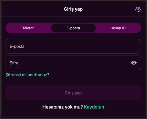 Giriş yöntemi sekmeleri Küçük giriş penceresinde Telefon, E-posta ve Hesap İD sekmeleri, iki alan ve Şifrenizi mi unuttunuz? bağlantısı bir arada duruyor.