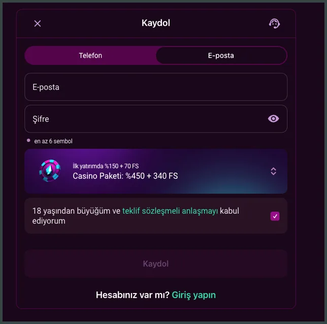 Casino paketi kaydı E-posta sekmesindeki kayıt formunda Casino paketi 450% + 340 FS seçili ve 18 yaş onay kutusu işaretlenebiliyor.
