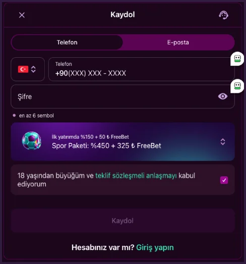 Spor paketi kaydı Telefon sekmesindeki Kaydol penceresinde Spor Paketi: %450 + 325 ₺ FreeBet seçili, İlk yatırımda %150 + 50 ₺ FreeBet satırı ve işaretli şartlar kutusu görünüyor.