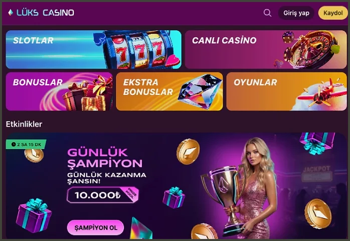 Ana sayfanın üst menüsünde SLOTLAR, CANLI CASİNO ve BONUSLAR kutucukları, altında GÜNLÜK ŞAMPİYON etkinliği ve ŞAMPİYON OL düğmesi yer alıyor.