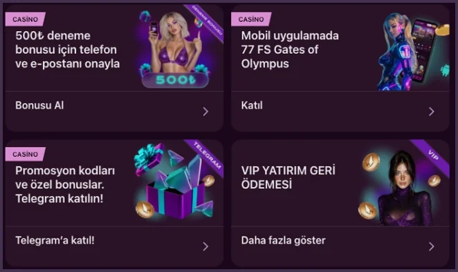 Telegram ve VIP kartları Yakın kadrajda Telegram kartı Promosyon kodları ve özel bonuslar. Telegram katılın! yazıyor, alt sırada VIP YATIRIM GERİ ÖDEMESİ kartı duruyor.