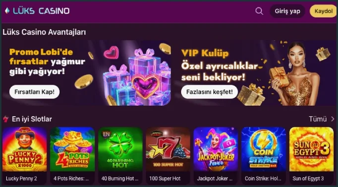 Avantajlar bölümünde Promo Lobi ve VIP Kulüp bannerları, onların altında en iyi slotların bulunduğu oyun sırası görünüyor.