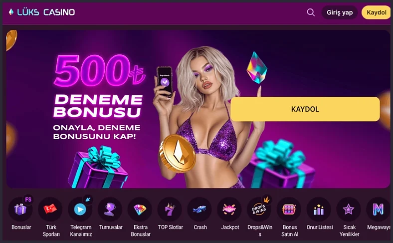 Sarı Kaydol düğmesiyle 500₺ DENEME BONUSU afişi; altında ONAYLA, DENEME BONUSUNU KAP! yazısı ve kategori kısayolları sıralanıyor.