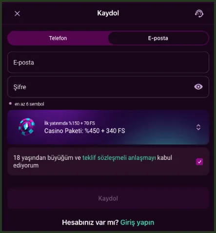 E-posta ve Şifre alanlarının altında İlk yatırımda %150 + 70 FS satırı, en altta Hesabınız var mı? Giriş yapın bağlantısı bulunuyor.