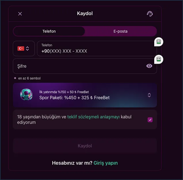 Koyu kenar boşluğu içindeki geniş kadrajda Telefon alanı, Şifre ve futbol simgeli Spor Paketi seçicisi sıralanıyor.