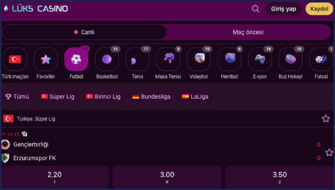 Canlı futbol maçı Lüx Casino spor bölümünde Canlı sekmesi ve Futbol seçili; Gençlerbirliği - Erzurumspor FK maçı 2.20, 3.00 ve 3.50 oranlarıyla listeleniyor.